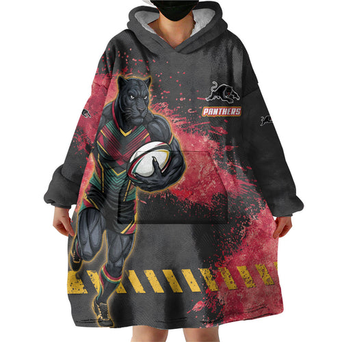 Personalised Penrith Panthers Rugby Wearable Blanket Hoodie Black Panther Mascot - Sporty Splash Art Style