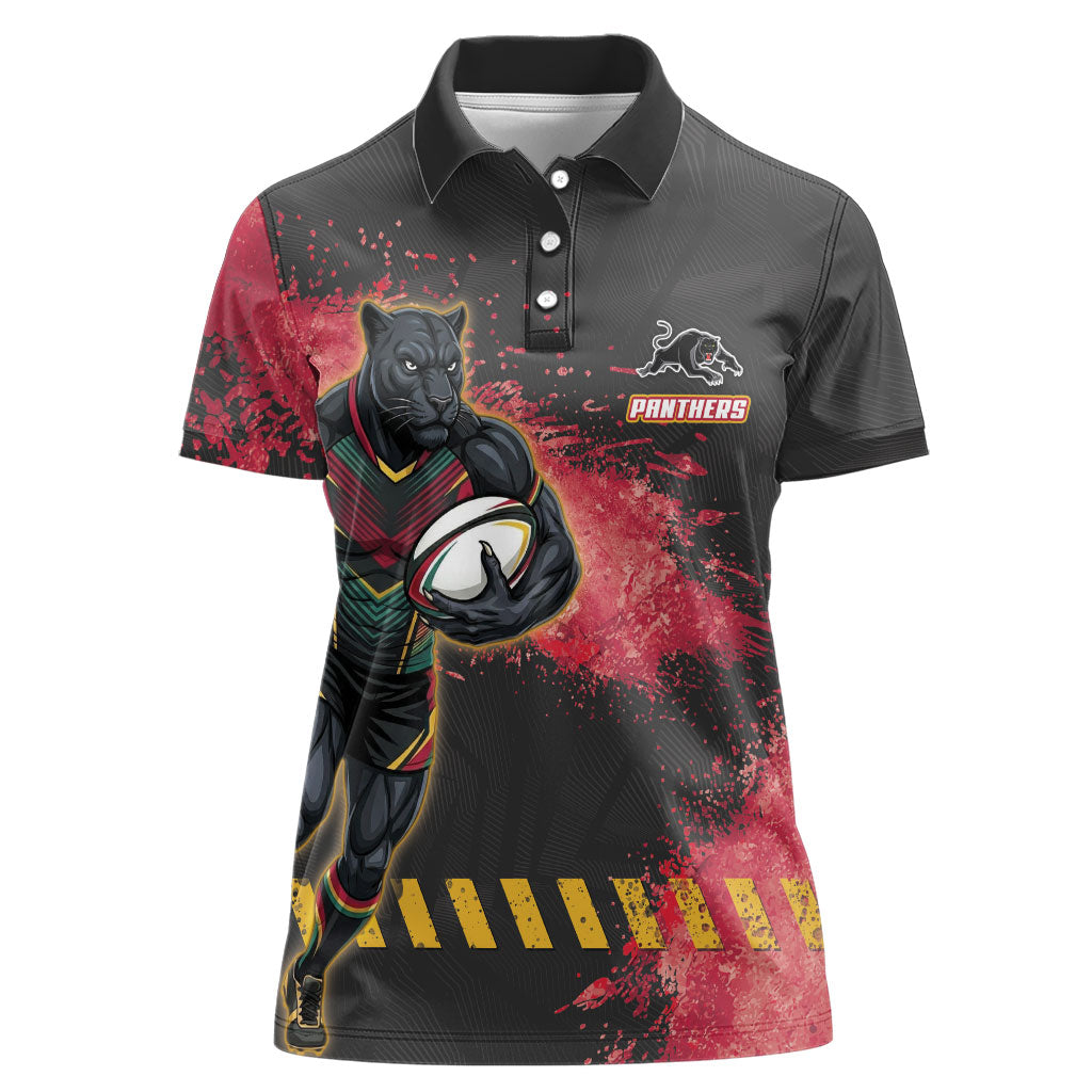 Personalised Penrith Panthers Rugby Women Polo Shirt Black Panther Mascot - Sporty Splash Art Style
