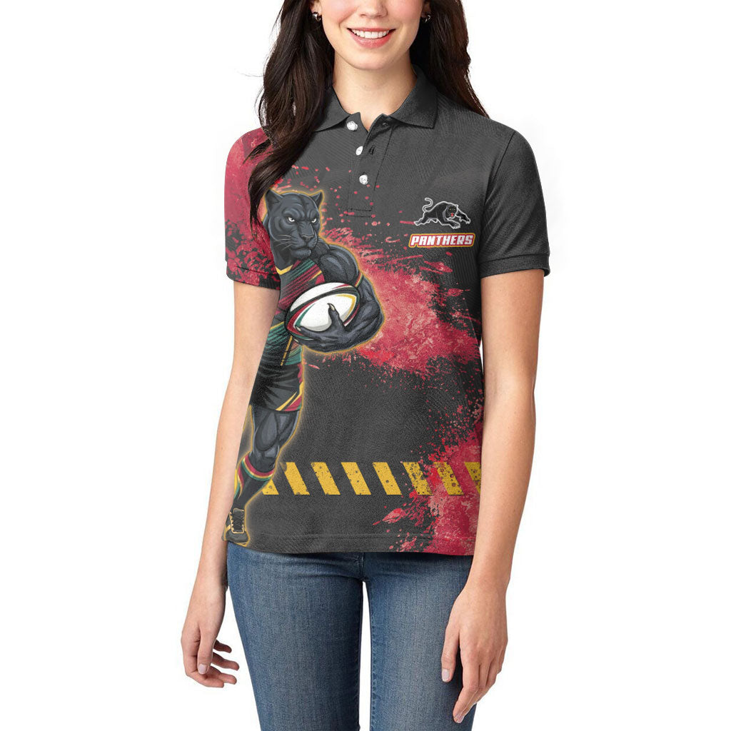 Personalised Penrith Panthers Rugby Women Polo Shirt Black Panther Mascot - Sporty Splash Art Style