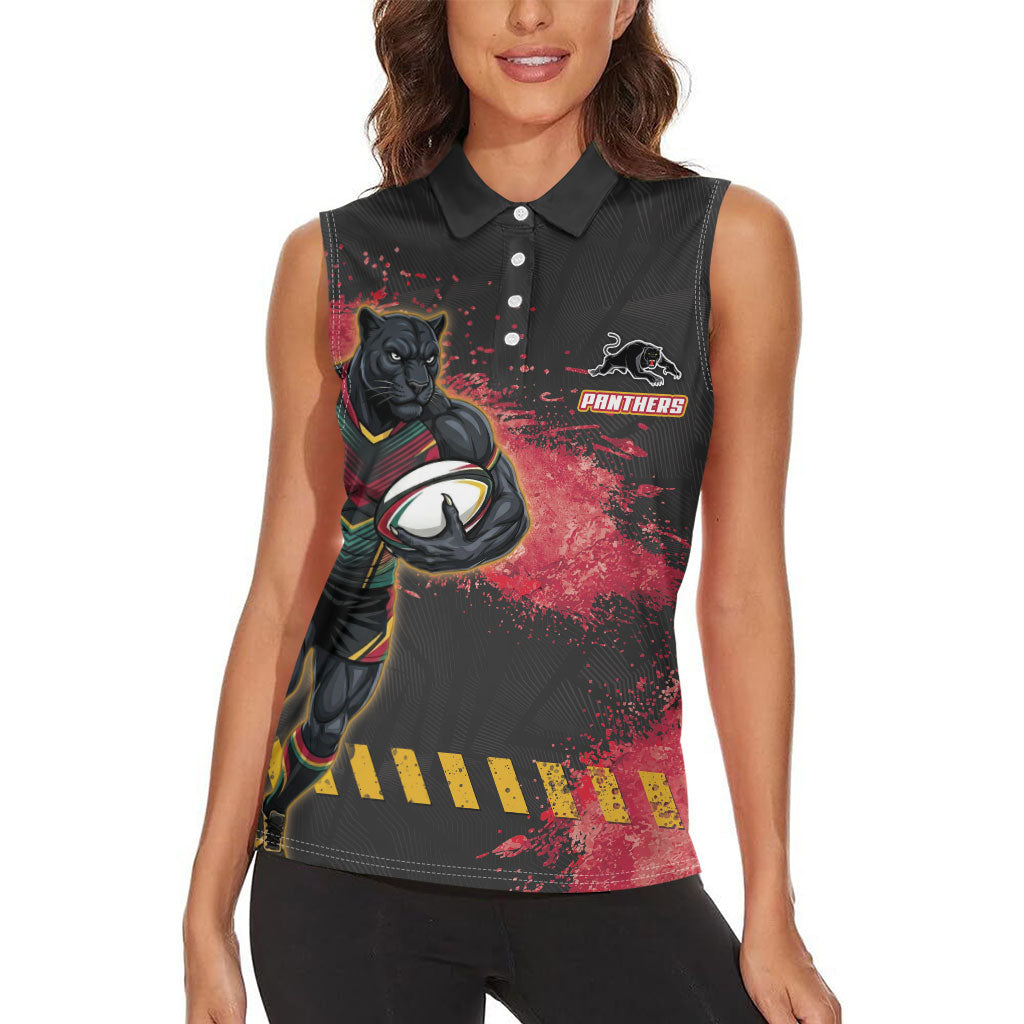 Personalised Penrith Panthers Rugby Women Sleeveless Polo Shirt Black Panther Mascot - Sporty Splash Art Style