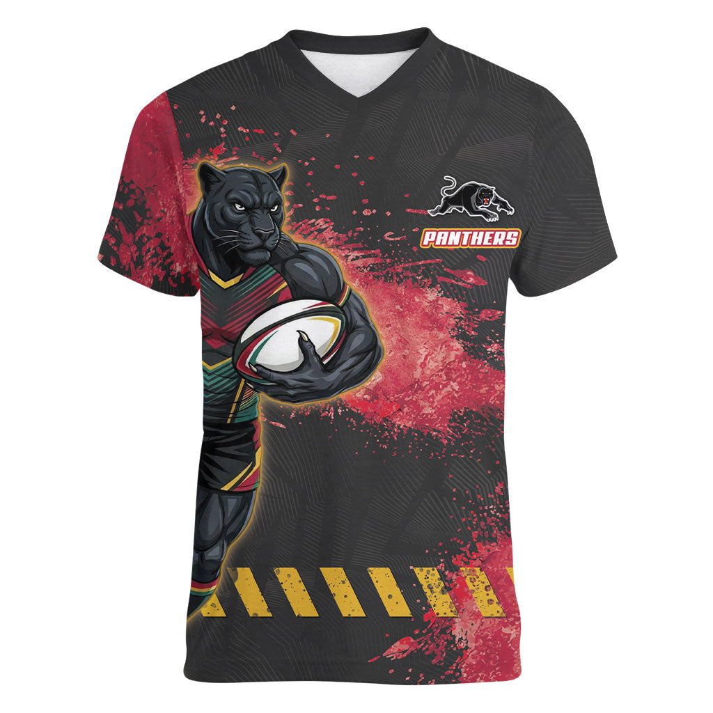 Personalised Penrith Panthers Rugby Women V-Neck T-Shirt Black Panther Mascot - Sporty Splash Art Style