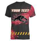 Personalised Penrith Panthers Rugby Women V-Neck T-Shirt Black Panther Mascot - Sporty Splash Art Style