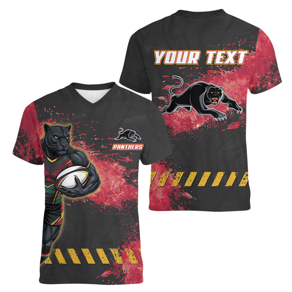 Personalised Penrith Panthers Rugby Women V-Neck T-Shirt Black Panther Mascot - Sporty Splash Art Style