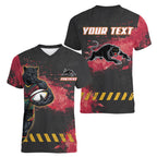 Personalised Penrith Panthers Rugby Women V-Neck T-Shirt Black Panther Mascot - Sporty Splash Art Style
