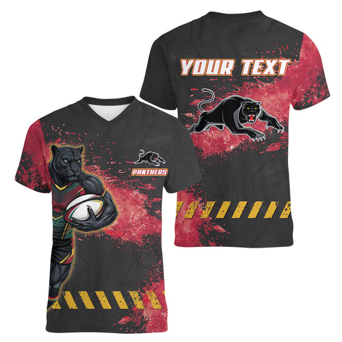 Personalised Penrith Panthers Rugby Women V-Neck T-Shirt Black Panther Mascot - Sporty Splash Art Style