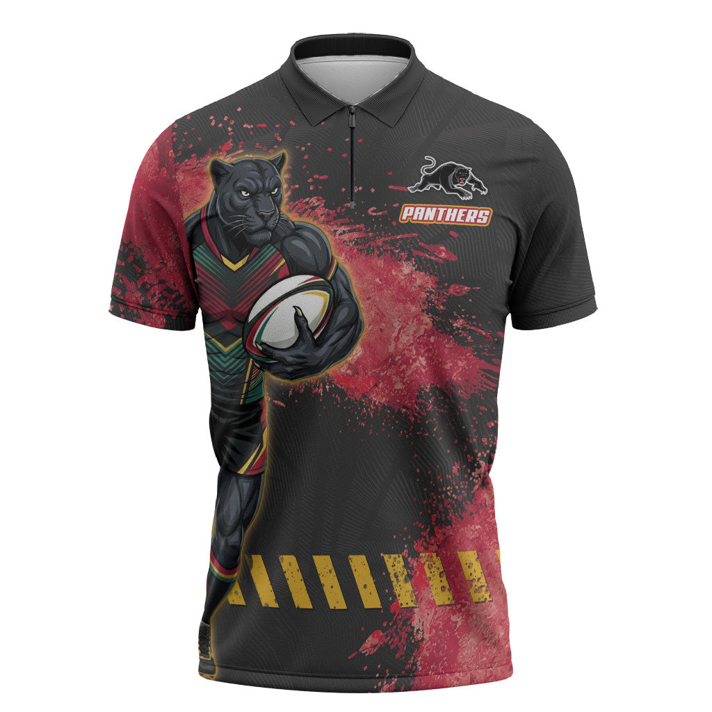 Personalised Penrith Panthers Rugby Zipper Polo Shirt Black Panther Mascot - Sporty Splash Art Style