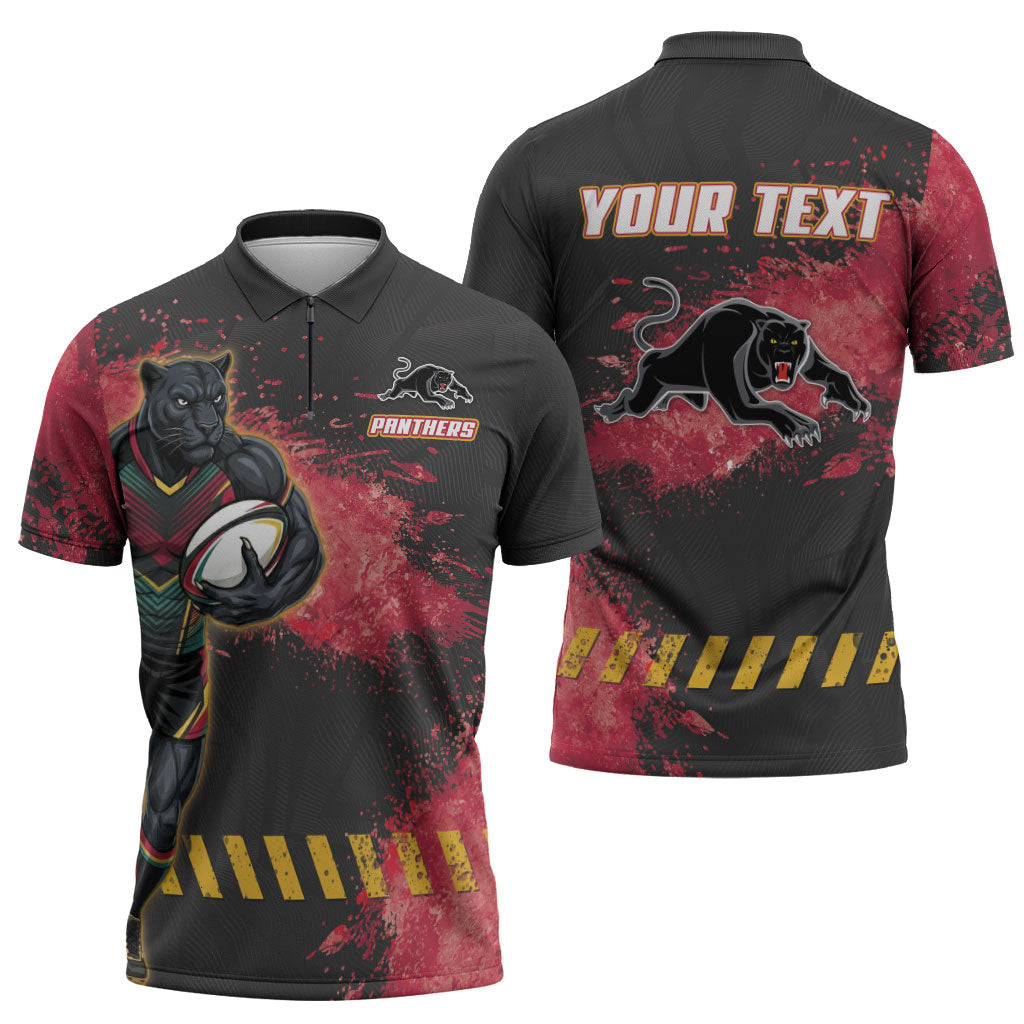 Personalised Penrith Panthers Rugby Zipper Polo Shirt Black Panther Mascot - Sporty Splash Art Style