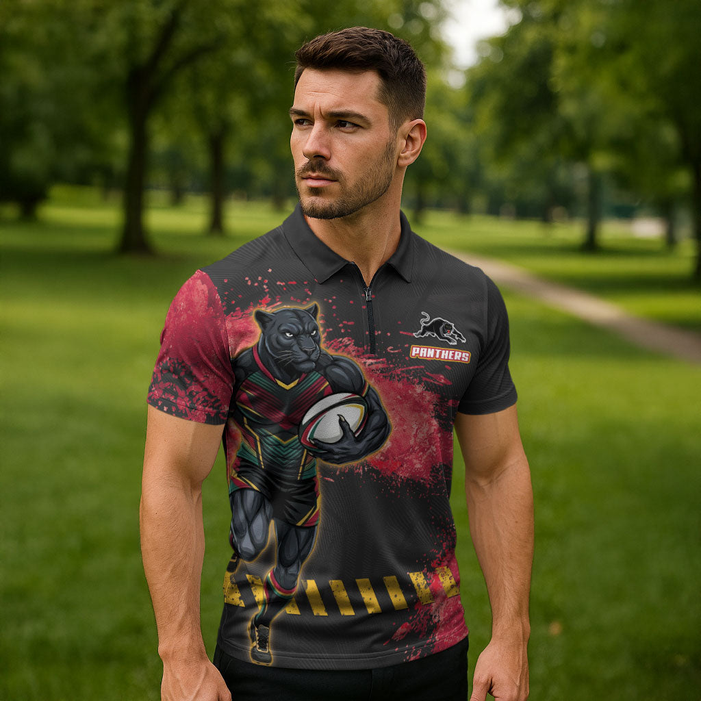 Personalised Penrith Panthers Rugby Zipper Polo Shirt Black Panther Mascot - Sporty Splash Art Style