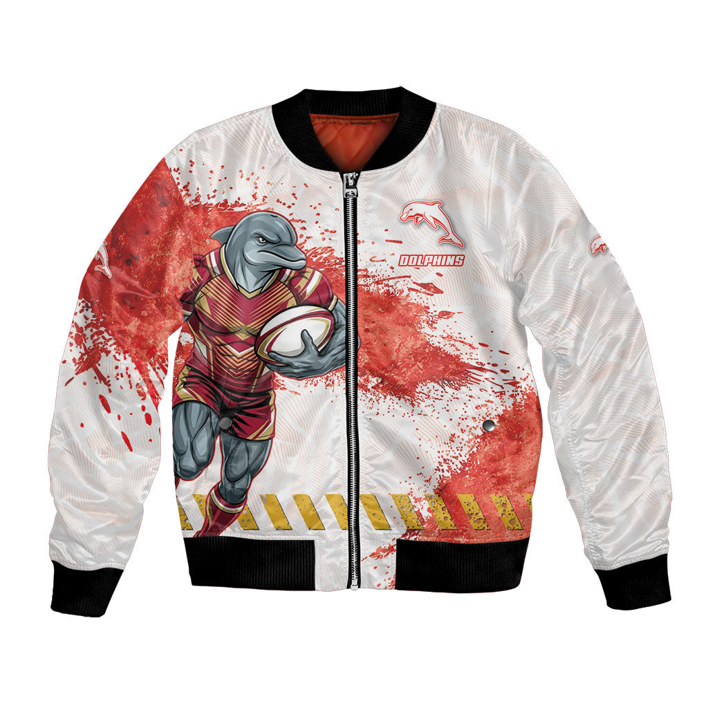 Personalised Dolphins Rugby Bomber Jacket Dolphin Mascot - Sporty Splash Art Style