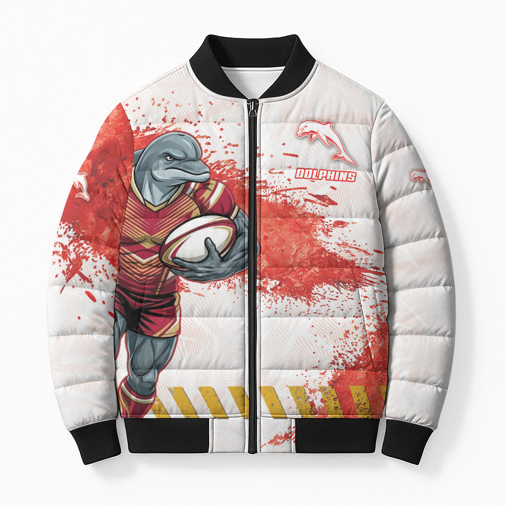 Personalised Dolphins Rugby Bomber Puffer Jacket Dolphin Mascot - Sporty Splash Art Style