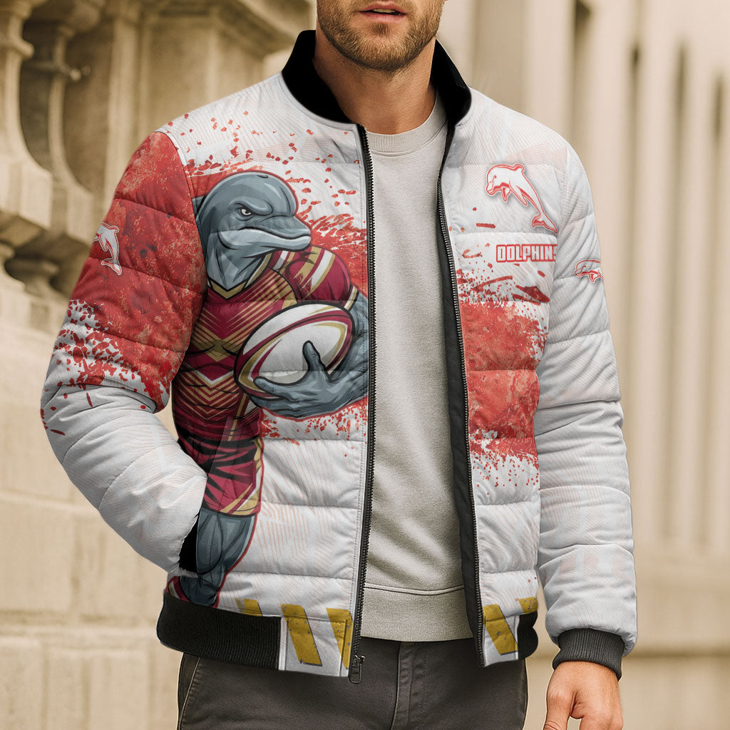 Personalised Dolphins Rugby Bomber Puffer Jacket Dolphin Mascot - Sporty Splash Art Style