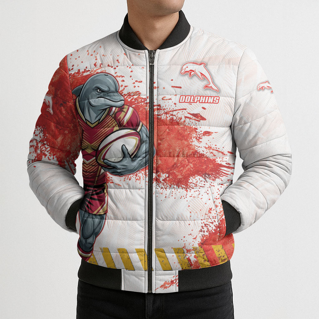 Personalised Dolphins Rugby Bomber Puffer Jacket Dolphin Mascot - Sporty Splash Art Style