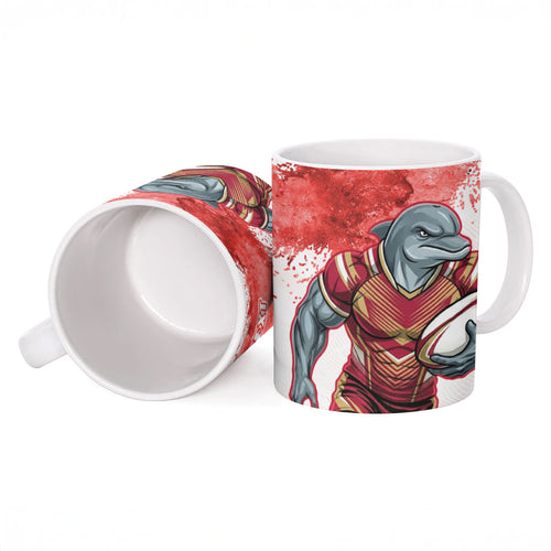 Personalised Dolphins Rugby Ceramic Mug Dolphin Mascot - Sporty Splash Art Style
