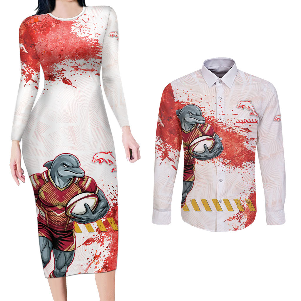 Personalised Dolphins Rugby Couples Matching Long Sleeve Bodycon Dress and Long Sleeve Button Shirt Dolphin Mascot - Sporty Splash Art Style