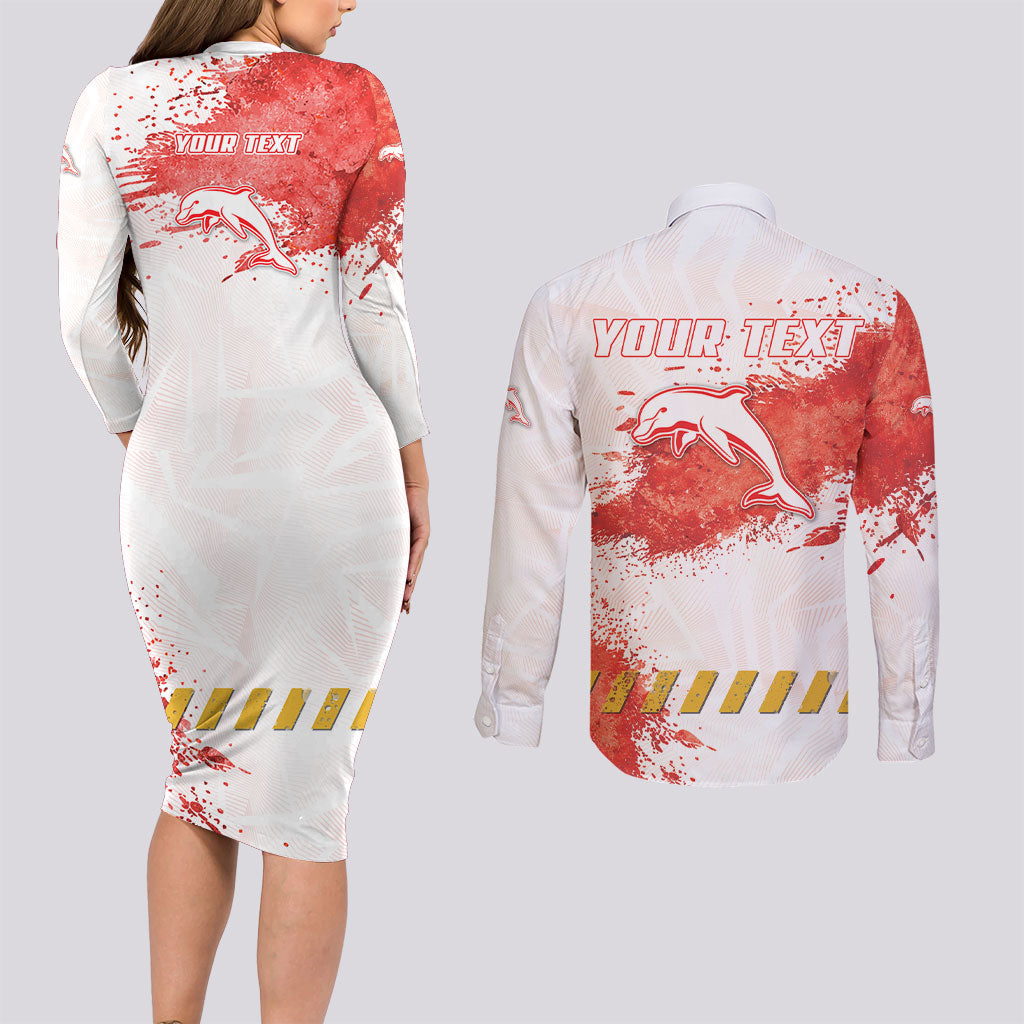 Personalised Dolphins Rugby Couples Matching Long Sleeve Bodycon Dress and Long Sleeve Button Shirt Dolphin Mascot - Sporty Splash Art Style