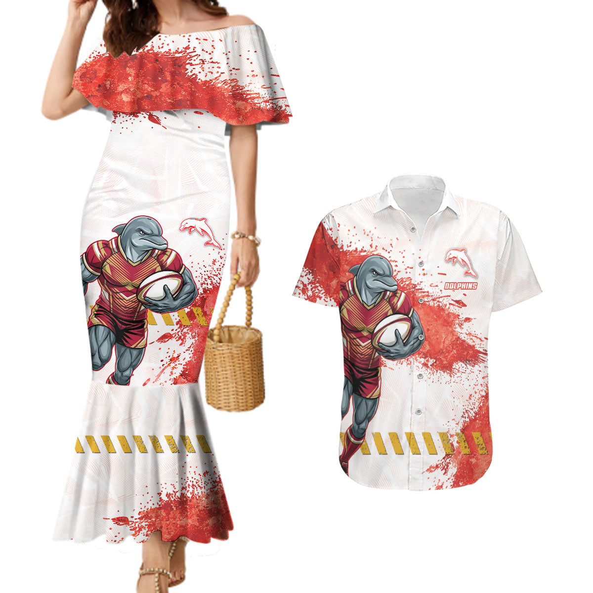 Personalised Dolphins Rugby Couples Matching Mermaid Dress and Hawaiian Shirt Dolphin Mascot - Sporty Splash Art Style