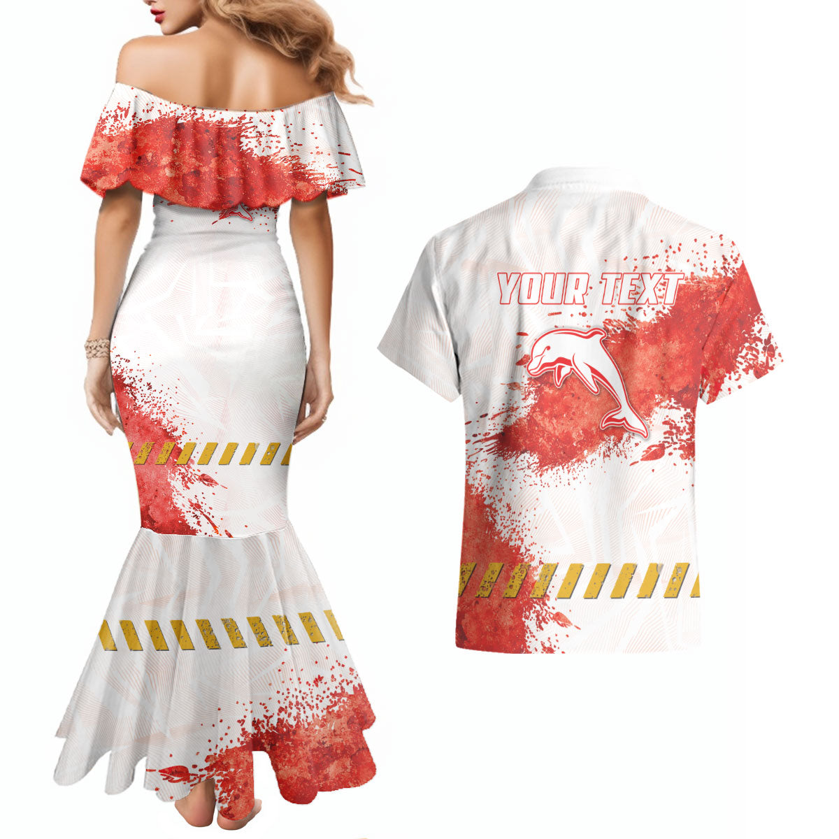 Personalised Dolphins Rugby Couples Matching Mermaid Dress and Hawaiian Shirt Dolphin Mascot - Sporty Splash Art Style