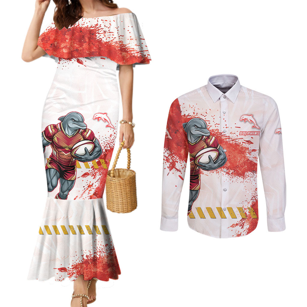 Personalised Dolphins Rugby Couples Matching Mermaid Dress and Long Sleeve Button Shirt Dolphin Mascot - Sporty Splash Art Style
