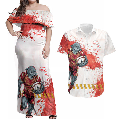 Personalised Dolphins Rugby Couples Matching Off Shoulder Maxi Dress and Hawaiian Shirt Dolphin Mascot - Sporty Splash Art Style