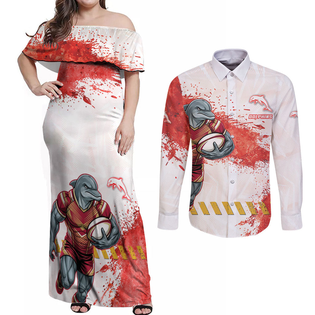 Personalised Dolphins Rugby Couples Matching Off Shoulder Maxi Dress and Long Sleeve Button Shirt Dolphin Mascot - Sporty Splash Art Style