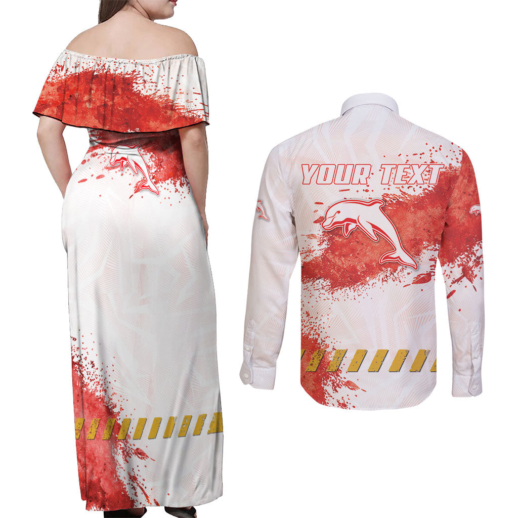 Personalised Dolphins Rugby Couples Matching Off Shoulder Maxi Dress and Long Sleeve Button Shirt Dolphin Mascot - Sporty Splash Art Style