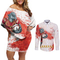 Personalised Dolphins Rugby Couples Matching Off Shoulder Short Dress and Long Sleeve Button Shirt Dolphin Mascot - Sporty Splash Art Style