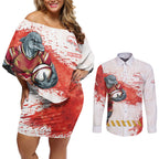 Personalised Dolphins Rugby Couples Matching Off Shoulder Short Dress and Long Sleeve Button Shirt Dolphin Mascot - Sporty Splash Art Style