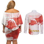 Personalised Dolphins Rugby Couples Matching Off Shoulder Short Dress and Long Sleeve Button Shirt Dolphin Mascot - Sporty Splash Art Style