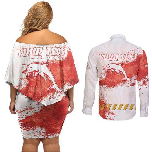 Personalised Dolphins Rugby Couples Matching Off Shoulder Short Dress and Long Sleeve Button Shirt Dolphin Mascot - Sporty Splash Art Style