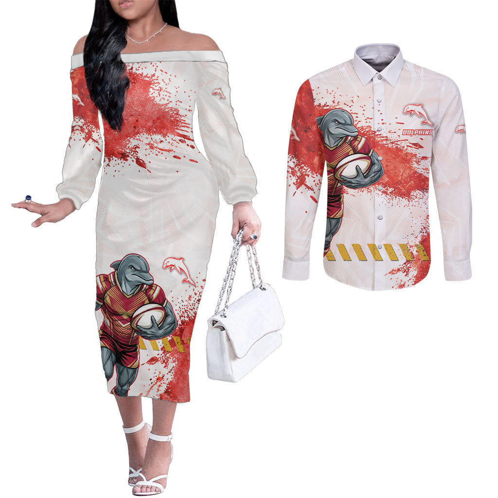 Personalised Dolphins Rugby Couples Matching Off The Shoulder Long Sleeve Dress and Long Sleeve Button Shirt Dolphin Mascot - Sporty Splash Art Style