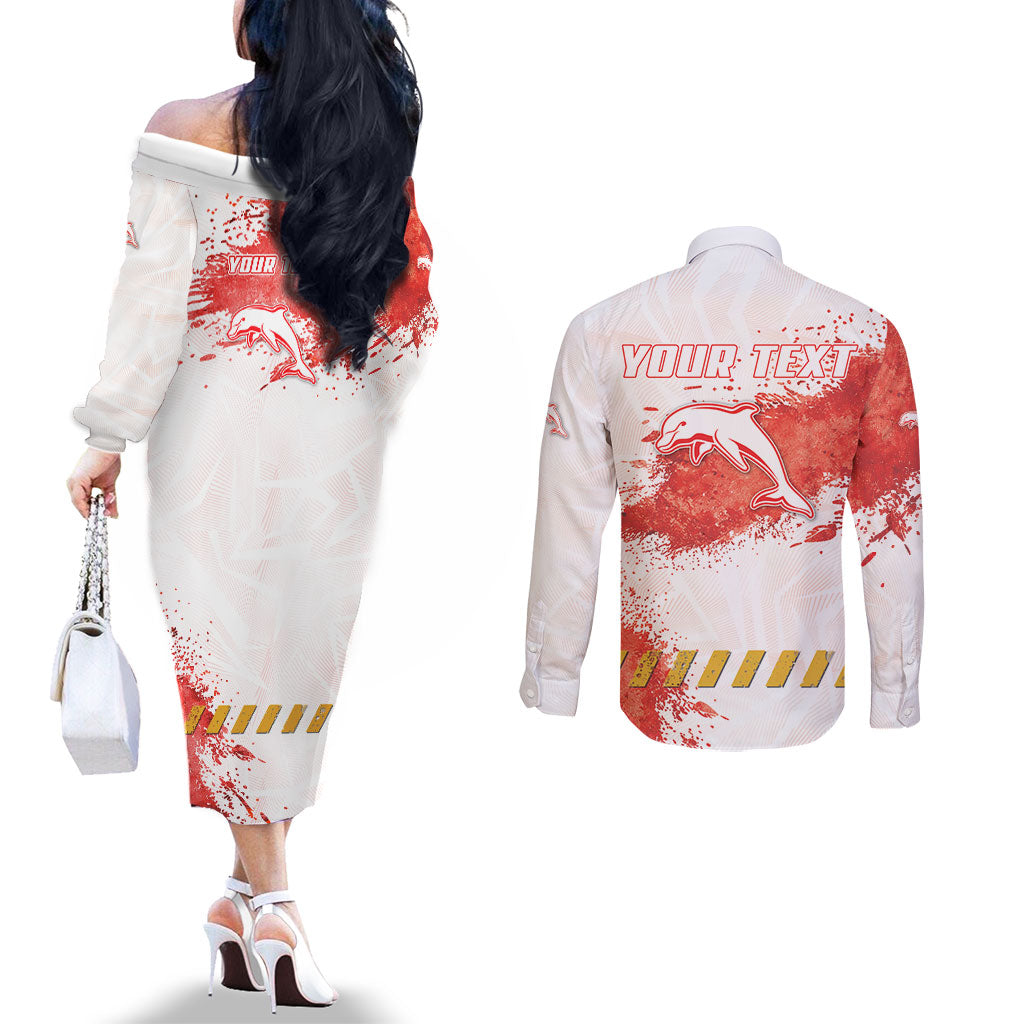 Personalised Dolphins Rugby Couples Matching Off The Shoulder Long Sleeve Dress and Long Sleeve Button Shirt Dolphin Mascot - Sporty Splash Art Style