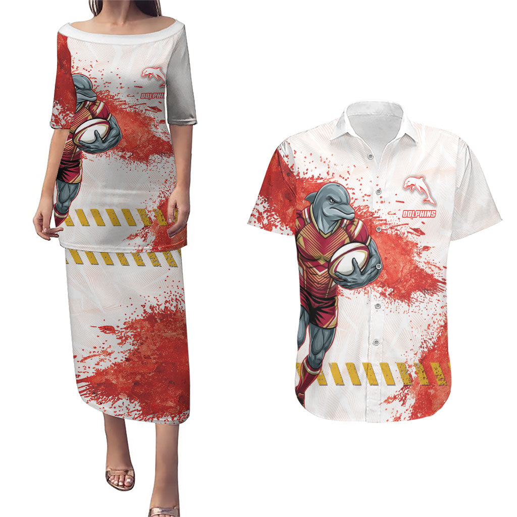 Personalised Dolphins Rugby Couples Matching Puletasi and Hawaiian Shirt Dolphin Mascot - Sporty Splash Art Style