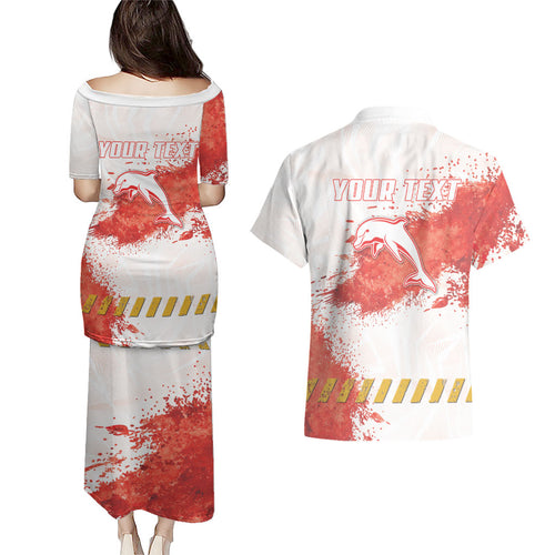 Personalised Dolphins Rugby Couples Matching Puletasi and Hawaiian Shirt Dolphin Mascot - Sporty Splash Art Style