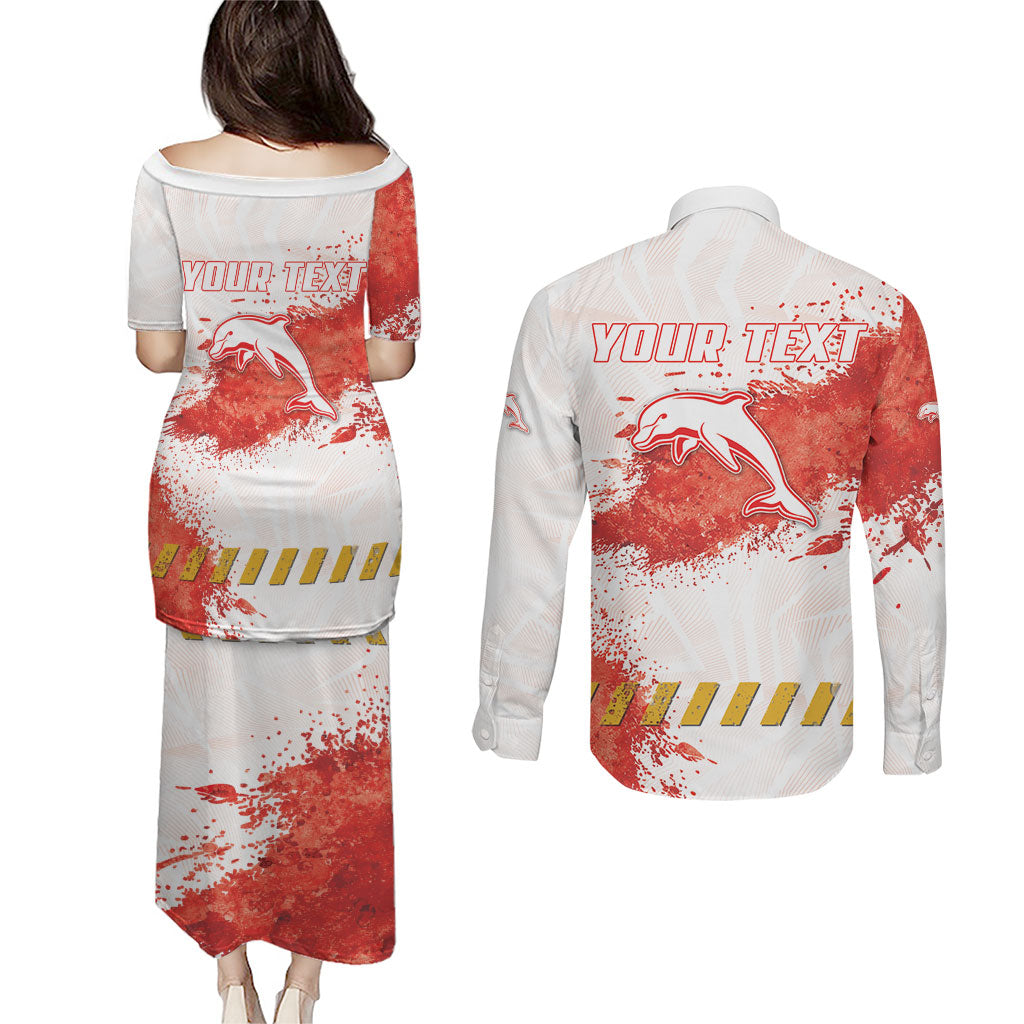 Personalised Dolphins Rugby Couples Matching Puletasi and Long Sleeve Button Shirt Dolphin Mascot - Sporty Splash Art Style