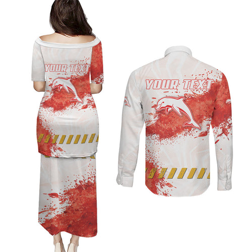 Personalised Dolphins Rugby Couples Matching Puletasi and Long Sleeve Button Shirt Dolphin Mascot - Sporty Splash Art Style