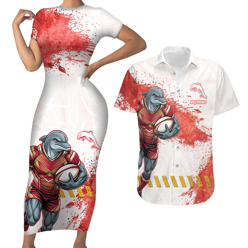 Personalised Dolphins Rugby Couples Matching Short Sleeve Bodycon Dress and Hawaiian Shirt Dolphin Mascot - Sporty Splash Art Style