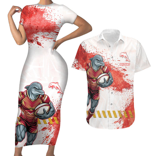 Personalised Dolphins Rugby Couples Matching Short Sleeve Bodycon Dress and Hawaiian Shirt Dolphin Mascot - Sporty Splash Art Style