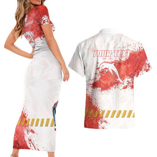 Personalised Dolphins Rugby Couples Matching Short Sleeve Bodycon Dress and Hawaiian Shirt Dolphin Mascot - Sporty Splash Art Style