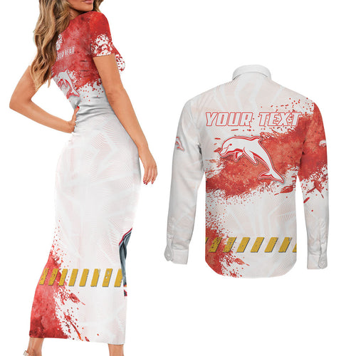 Personalised Dolphins Rugby Couples Matching Short Sleeve Bodycon Dress and Long Sleeve Button Shirt Dolphin Mascot - Sporty Splash Art Style