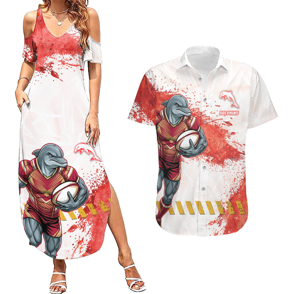 Personalised Dolphins Rugby Couples Matching Summer Maxi Dress and Hawaiian Shirt Dolphin Mascot - Sporty Splash Art Style