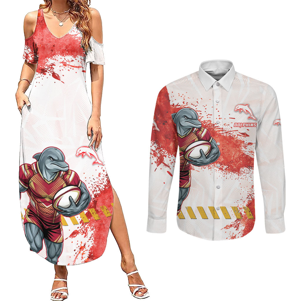 Personalised Dolphins Rugby Couples Matching Summer Maxi Dress and Long Sleeve Button Shirt Dolphin Mascot - Sporty Splash Art Style