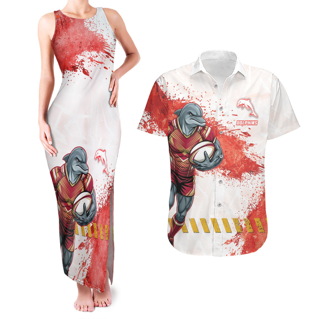 Personalised Dolphins Rugby Couples Matching Tank Maxi Dress and Hawaiian Shirt Dolphin Mascot - Sporty Splash Art Style