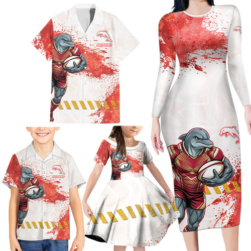 Personalised Dolphins Rugby Family Matching Long Sleeve Bodycon Dress and Hawaiian Shirt Dolphin Mascot - Sporty Splash Art Style