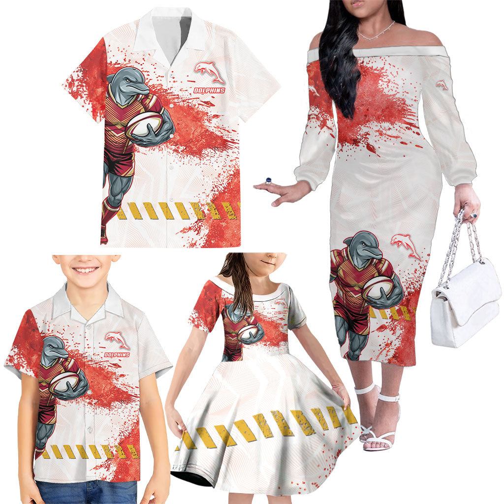 Personalised Dolphins Rugby Family Matching Off The Shoulder Long Sleeve Dress and Hawaiian Shirt Dolphin Mascot - Sporty Splash Art Style