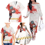 Personalised Dolphins Rugby Family Matching Off The Shoulder Long Sleeve Dress and Hawaiian Shirt Dolphin Mascot - Sporty Splash Art Style