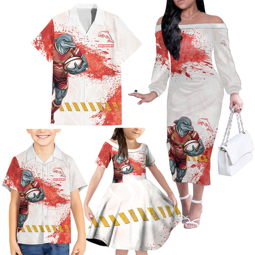 Personalised Dolphins Rugby Family Matching Off The Shoulder Long Sleeve Dress and Hawaiian Shirt Dolphin Mascot - Sporty Splash Art Style