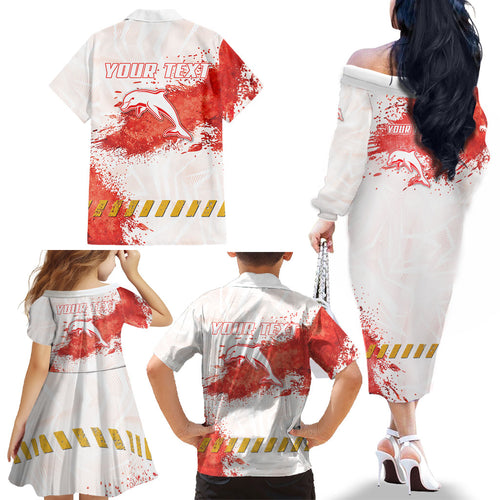 Personalised Dolphins Rugby Family Matching Off The Shoulder Long Sleeve Dress and Hawaiian Shirt Dolphin Mascot - Sporty Splash Art Style