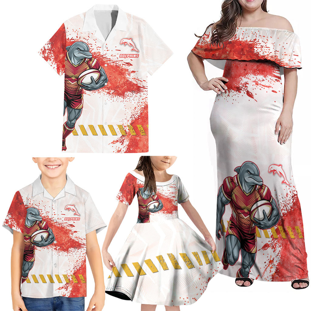 Personalised Dolphins Rugby Family Matching Off Shoulder Maxi Dress and Hawaiian Shirt Dolphin Mascot - Sporty Splash Art Style