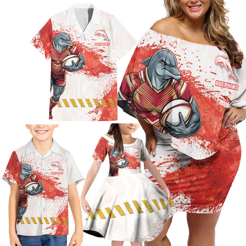 Personalised Dolphins Rugby Family Matching Off Shoulder Short Dress and Hawaiian Shirt Dolphin Mascot - Sporty Splash Art Style