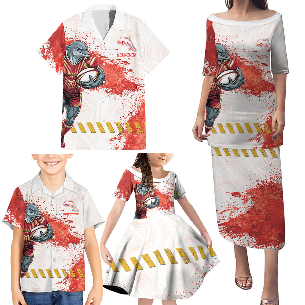 Personalised Dolphins Rugby Family Matching Puletasi and Hawaiian Shirt Dolphin Mascot - Sporty Splash Art Style